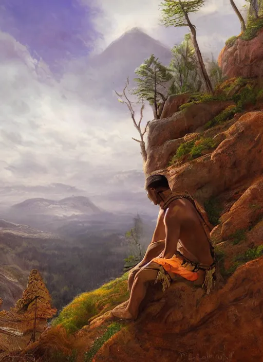 Image similar to an indigenous man sitting at the top of a cliff, looking down at the valley, doing a vision quest, fantasy art, matte painting