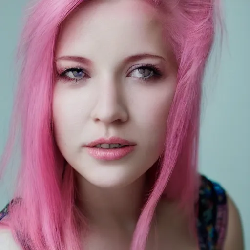 Image similar to a beautiful woman with pink hair and fair skin, portrait photograph, nikon 3 5 mm, photograph