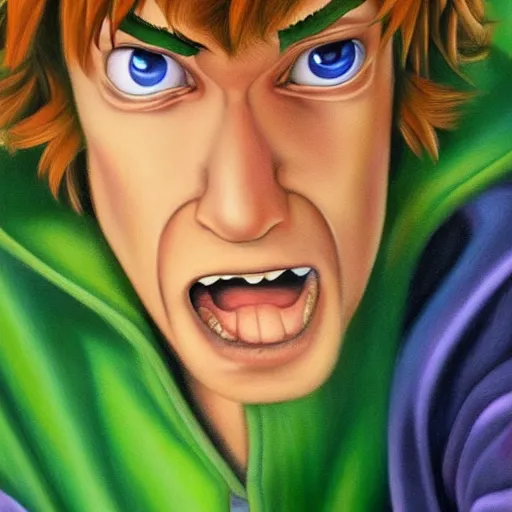 Image similar to an ultra - realistic portrait painting of shaggy rogers in the style of alex ross. 4 k. ultra - realistic. highly detailed. epic lighting.