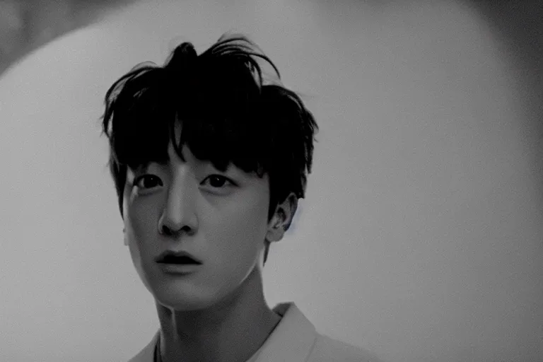 Image similar to film still of jungkook in cosmic horror! the musical by david cronenberg, horror sci fi, 3 5 mm film, atmospheric, ultra fine detail, film grain, photorealistic, dramatic lighting