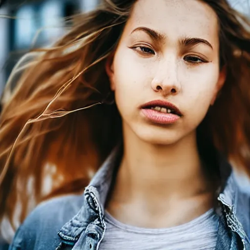 Prompt: urban photography of beautiful female standing in the wind, close up portrait