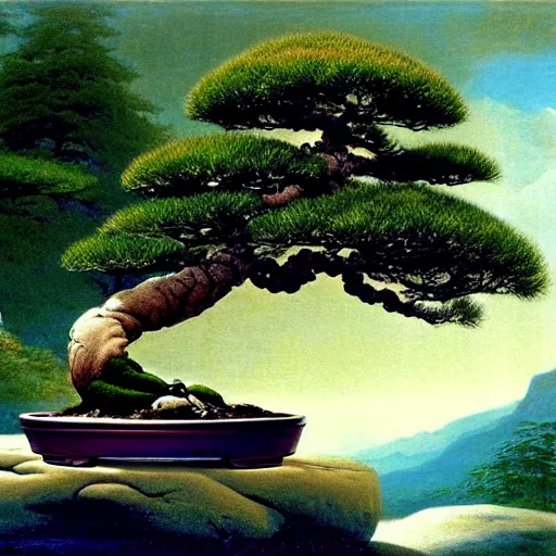 Prompt: concept art bonsai fir growing from a small rock in water, george stubbs, ron cobb, intricate, epic composition, sparkling atmosphere, cinematic lighting + masterpiece