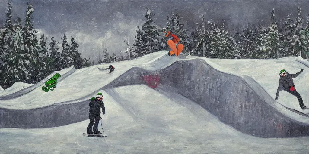 Image similar to pepe the frog snowboarding in terrain park, ramps, half - pipe, gloomy landscape, expressive oil painting by christopher radlund and camille pissaro