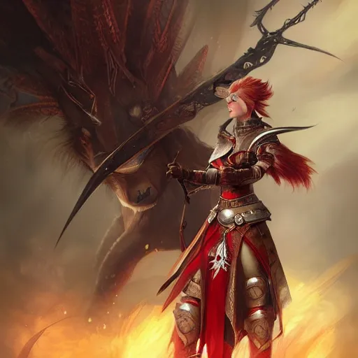 Image similar to a beautiful hyper realistic detailed epic concept art showing a noble knight women with red hair accompanied by the sacred spirit raccoon, by tom bagshaw, ross tran and bayard wu, in the style of dragon age, featured on artstation