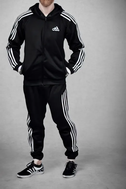 Prompt: Professional portrait photo of a drunk man wearing black adidas tracksuit, high quality photo, 25mm