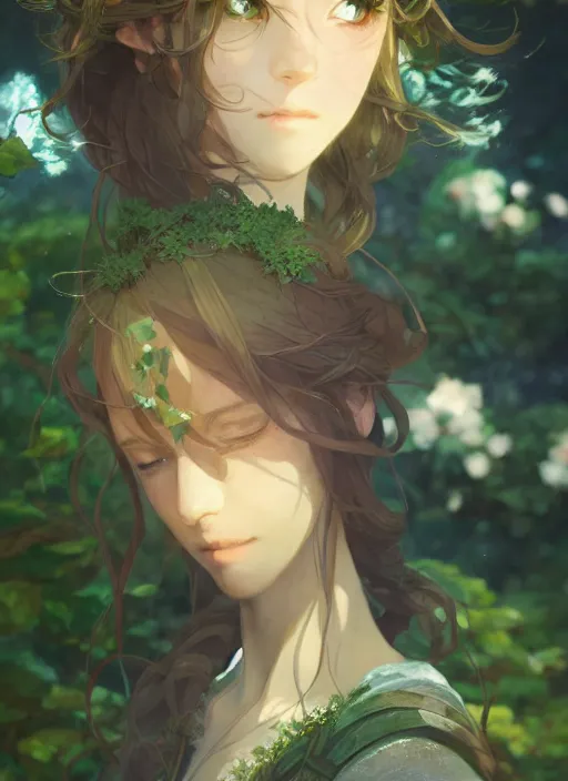 Image similar to a portrait of the emerald herald in the garden, beautiful face, intricate, tone mapped, ambient lighting, highly detailed, digital painting, concept art, sharp focus, by makoto shinkai and akihiko yoshida and hidari and wlop