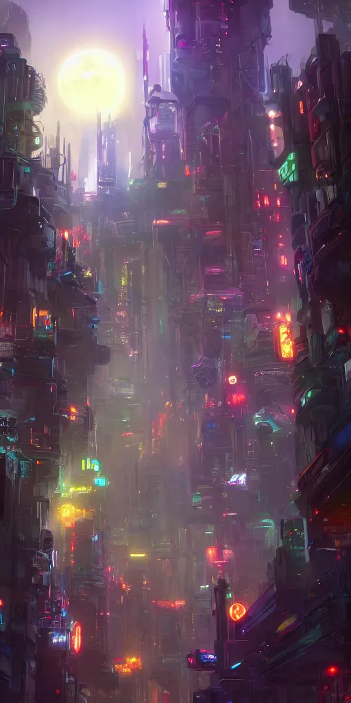 Prompt: a futuristic cyberpunk city where the sun never shines and the moon is always full. the lights are colorful and the air is thick with fog. by tyler edlin.