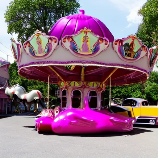 Prompt: carousel with cars shaped like a drag queen