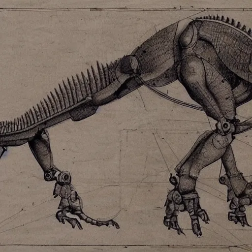 Image similar to leonardo da vinci's technical sketch of a robotic dinosaur, highly detailed