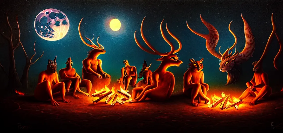 Image similar to strange mythical beasts of sitting around a fire under a full moon, surreal dark uncanny painting by ronny khalil