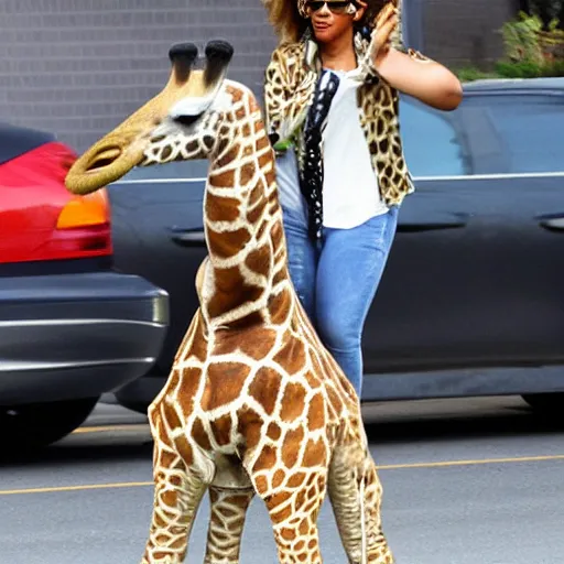 Prompt: beautiful Beyonce in plain clothes, riding a Giraffe