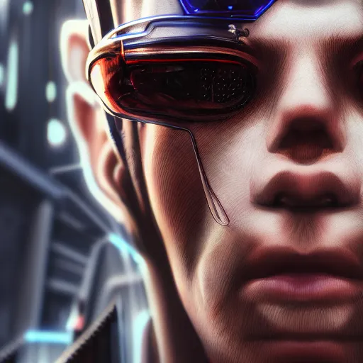 Image similar to Close up portrait of a young Cyberpunk man, Hyperdetailed, artstation, cgsociety, 8k