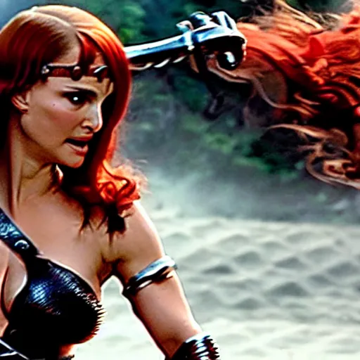 Image similar to natalie portman as red sonja, fight scene