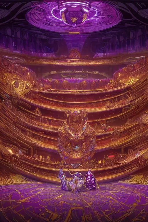 Prompt: Concept Digital Art Highly detailed Alien Art Deco Cybertron Grand stage inside of the Vosian Opera house with glowing royal purple water at midnight by greg rutkowski, Ilya repin, alphonse mucha, and Edmund Blair Leighton. Very highly detailed 8K, octane, Digital painting, the golden ratio, rational painting, sharp