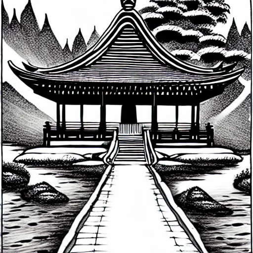 Prompt: zen temple ink