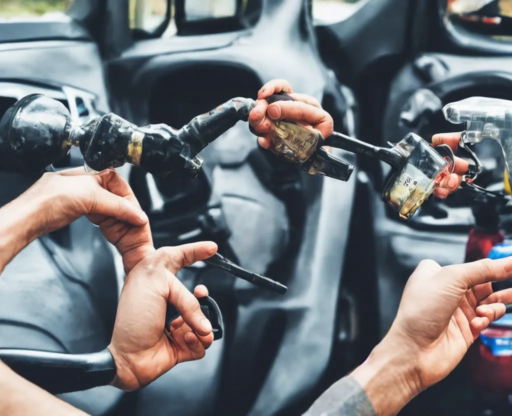 Prompt: first person point of view of man holding gasoline with his hand in a car