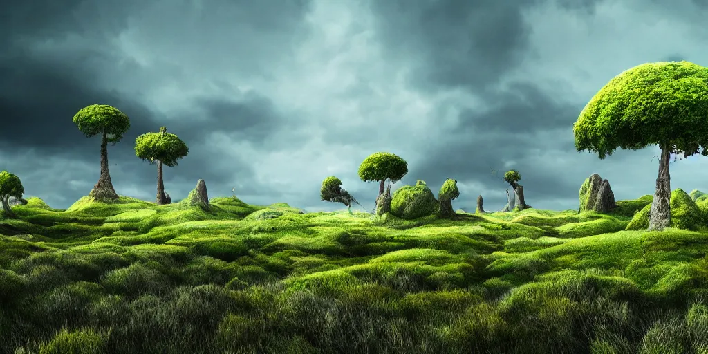 Prompt: VERY windy fantasy landscape with oddly shaped trees and extremophile plants, far away landscape shot, tilt-shifted, high quality art, 4k