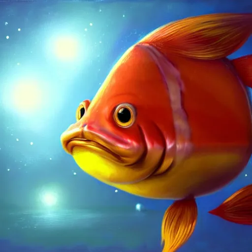 Prompt: a photorealistic portrait of magikarp, it has yellow hair and a beautiful unconventional face, deep space in the background, elegant, highly detailed, digital painting, artstation, realism, concept art, pop, smooth, mythological, sharp focus, qualia, illustration, art by mark ryden 3 d 8 k ultra detailed