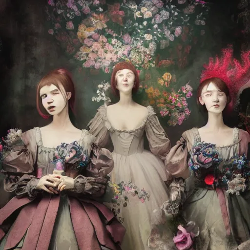 Image similar to 8k, octane render, cyberpunk painting, realism, tonalism, renaissance, rococo, baroque, group of creepy young ladies wearing long harajuku manga dress with flowers and skulls, background chaotic flowers