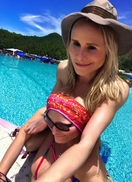 Image similar to pov date with kristen bell sitting on my lap in a bikini, 1 2 0 deg fov