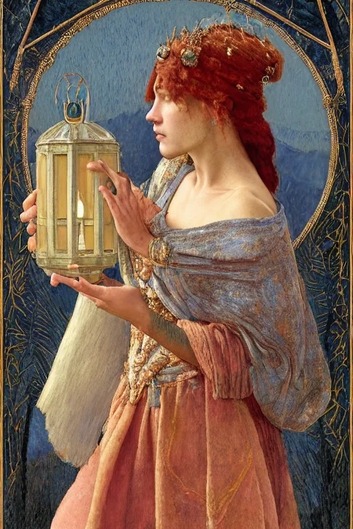 Prompt: portrait of the last queen of the dawn mountains with her lantern and regalia, by Annie Swynnerton and John Bauer and John William Godward and Donato Giancola and Vermeer, embroidered velvet, iridescent beetles, rich color, ornate headdress, flowing robes, lost runes, ancient civilizations, dramatic cinematic lighting, featured on Artstation, cgisociety, extremely detailed