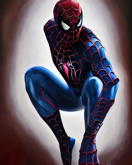 Image similar to hybrid of a bulky stealth suit and spider - man, photorealistic oil painting, hyperdetailed, realistic