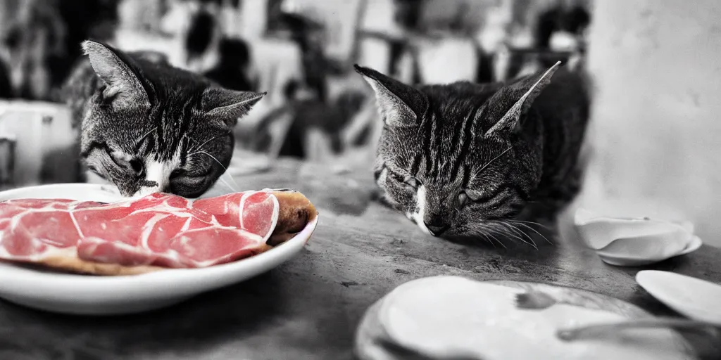 Image similar to photography of a cat eating mortadella at trullo house, photoreal, 3 5 mm, award winning photography