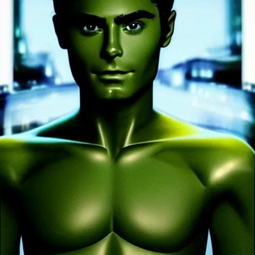 Image similar to “a realistic detailed photo of a guy who is an attractive humanoid who is half robot and half humanoid, who is a male android, Zac Efron, shiny skin, green eyes”