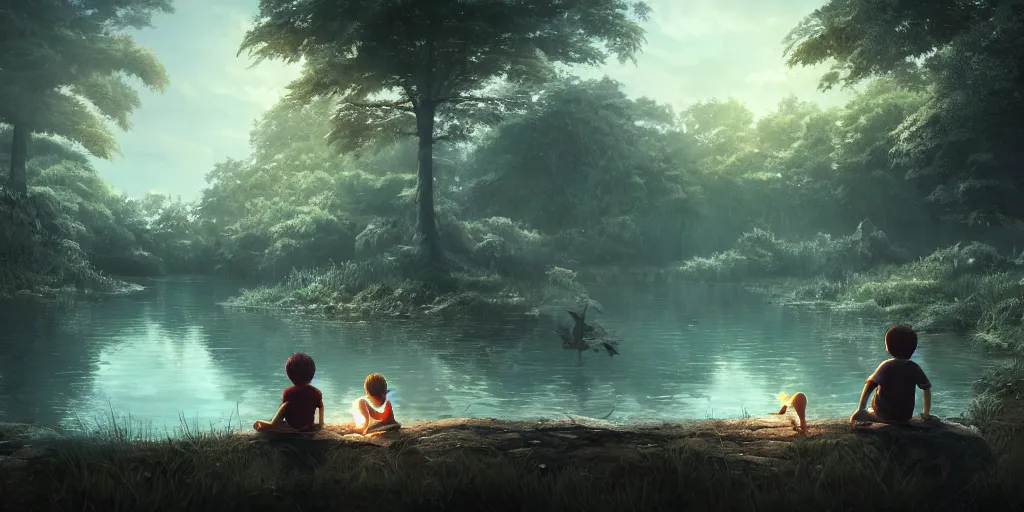 Image similar to a silver dragon and a boy sitting next to lake in forest, many fireflys, at night, concept art, dof, cryengine, digital art, detailed background, makoto shinkai