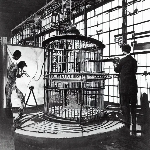 Image similar to scientists studying a creature locked in a cage in a warehouse, 1 9 2 0's sci - fi, black and white, 8 k, highly ornate intricate details, extreme detail,