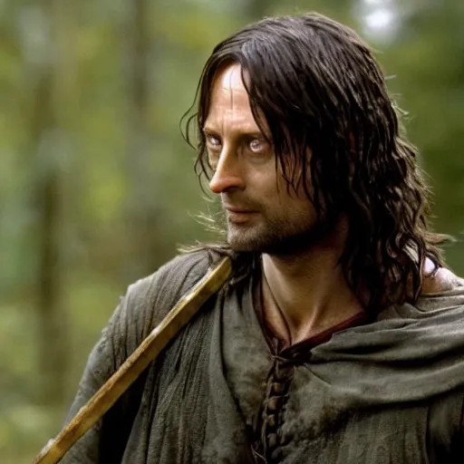 Prompt: Dwight as aragorn in Lord of the Rings, epic photo, 4k, action shot