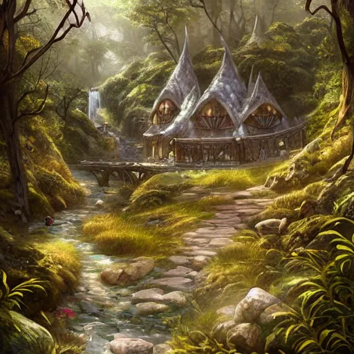 Prompt: A small elven village with elegant architecture at the base of a shallow valley, a winding white pathwalk and a small brook running through, clear blue skies in the background, octane rendering, oil painting, mind-blowing detail, photoreaistic, trending on artstation, trending on deviant art, intricate, elegant, digital painting, saturated colors, smooth, sharp focus, art by artgerm and Todd Shorr