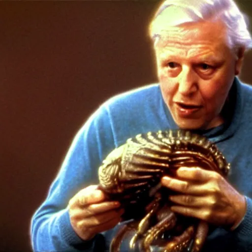 Prompt: cinematic still of sir david attenborough holding a xenomorph larva in awe in 1 9 7 9 movie alien, hd, 4 k