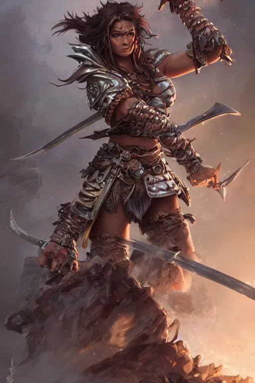 Prompt: Female barbarian, heavy brown metallic armor, swords, gorgeous and beautiful, light brown messy hair, dark skin, brown eyes, detailed face, battle stance, high fantasy, extremely detailed, alone, DND, D&D, matte painting, by wlop and peter mohrbacher