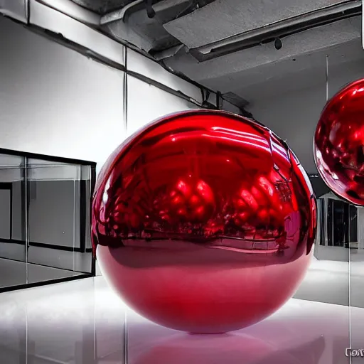 Prompt: chrome spheres on a red cube by jordan cronenweth