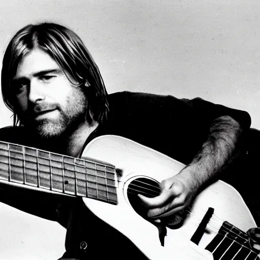 Image similar to photo of kurt cobain playing acoustic guitar, album cover