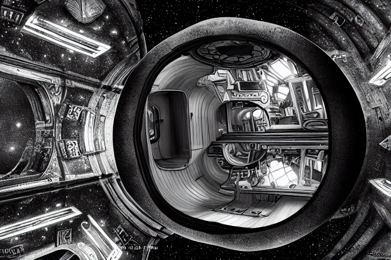 Image similar to small spaced quarters inside rocket ship with gray metallic factory engine walls and small window looking into space, details, sharp focus, intricate, high definition, movie set, retro style, 1970s, 1980s, sci-fi, digital Art, 3D, realistic photograph, lucasfilm, space odyessy