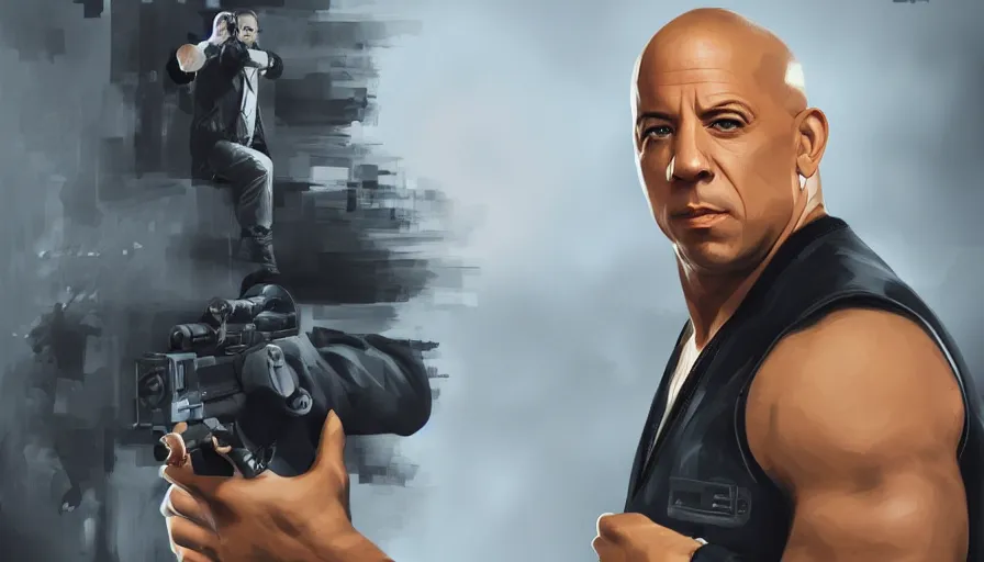 Prompt: Digital painting of Vin Diesel as James Bond, hyperdetailed, artstation, cgsociety, 8k