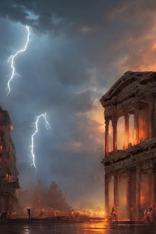 Image similar to ancient city of troy under a sky full of lightning, powerfull, intricate, elegant, volumetric lighting, digital painting, highly detailed, artstation, sharp focus, illustration, concept art, ruan jia, steve mccurry