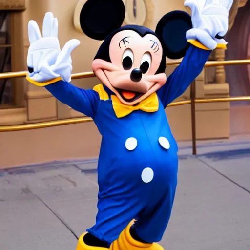 Image similar to the Mickey Mouse character at Disneyland taking off his costume, and it's actually Donald Duck underneath