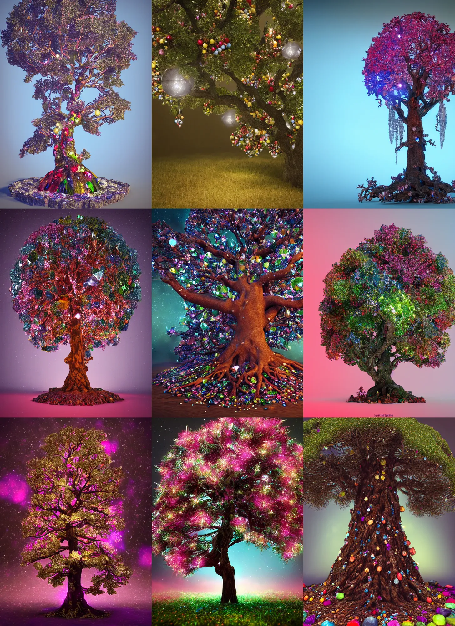 Prompt: 2 0 0 year old tree with crystals, gems and diamond for fruit, colorful, intricate branches, filigrane, octane render, unreal engine, dramatic lighting