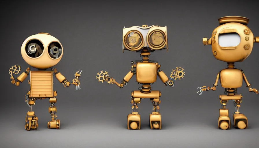 Image similar to two cute steampunk robots with human skin and large eyes smiling and waving, isolated on white background, 3D occlusion