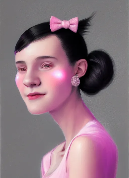 Image similar to portrait of teenage girl, realistic, black hair, bangs, half updo hairstyle, pointy nose, skinny, smile, ugly, defined jawline, big chin, pink hair bow, earrings, intricate, elegant, glowing lights, highly detailed, digital painting, artstation, sharp focus, illustration, art by wlop, mars ravelo and greg rutkowski