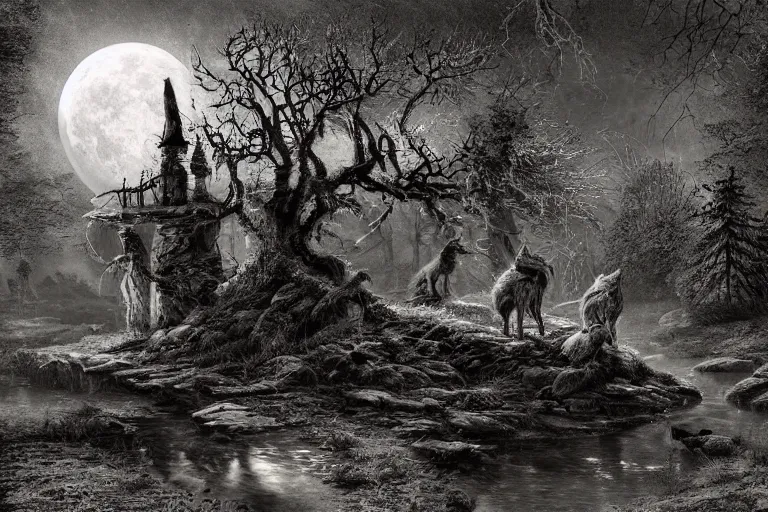 Prompt: corpse rockers play guitars in a dark forest, dark night, full moon, the wolf howls at the moon, old stone bridge over the creek, crows on the oak tree, highly detailed digital art, photorealistic