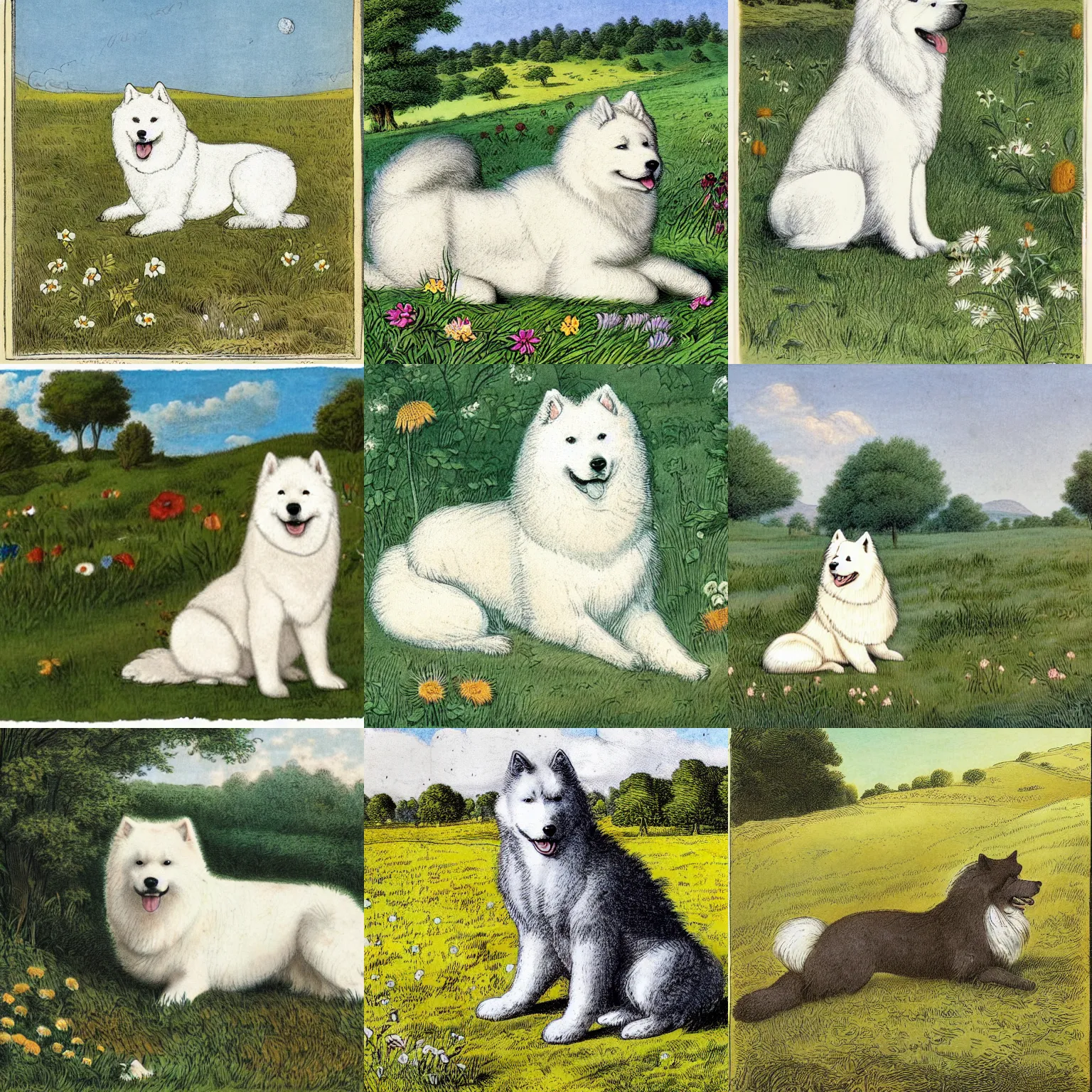 Prompt: a samoyed dog sitting in the middle of sunny meadow, colored, by john tenniel