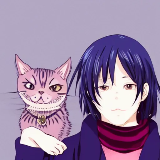 Image similar to yato from noragami with a cute cat, profile picture, vintage fashion, highly detailed, reflection, 8 k, realistic artwork, hd, inspired by noragami, 9 0 s anime art style, elegant,