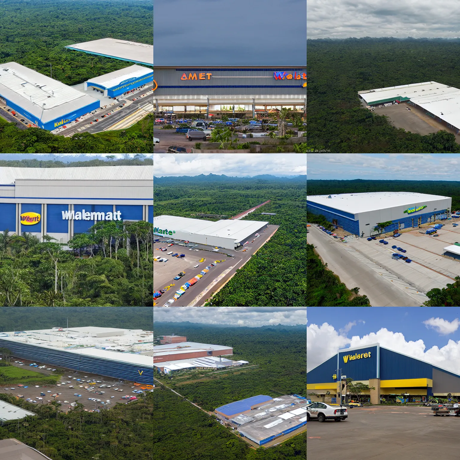 Prompt: a walmart super center viewed from the outside in the middle of the amazon rainforest