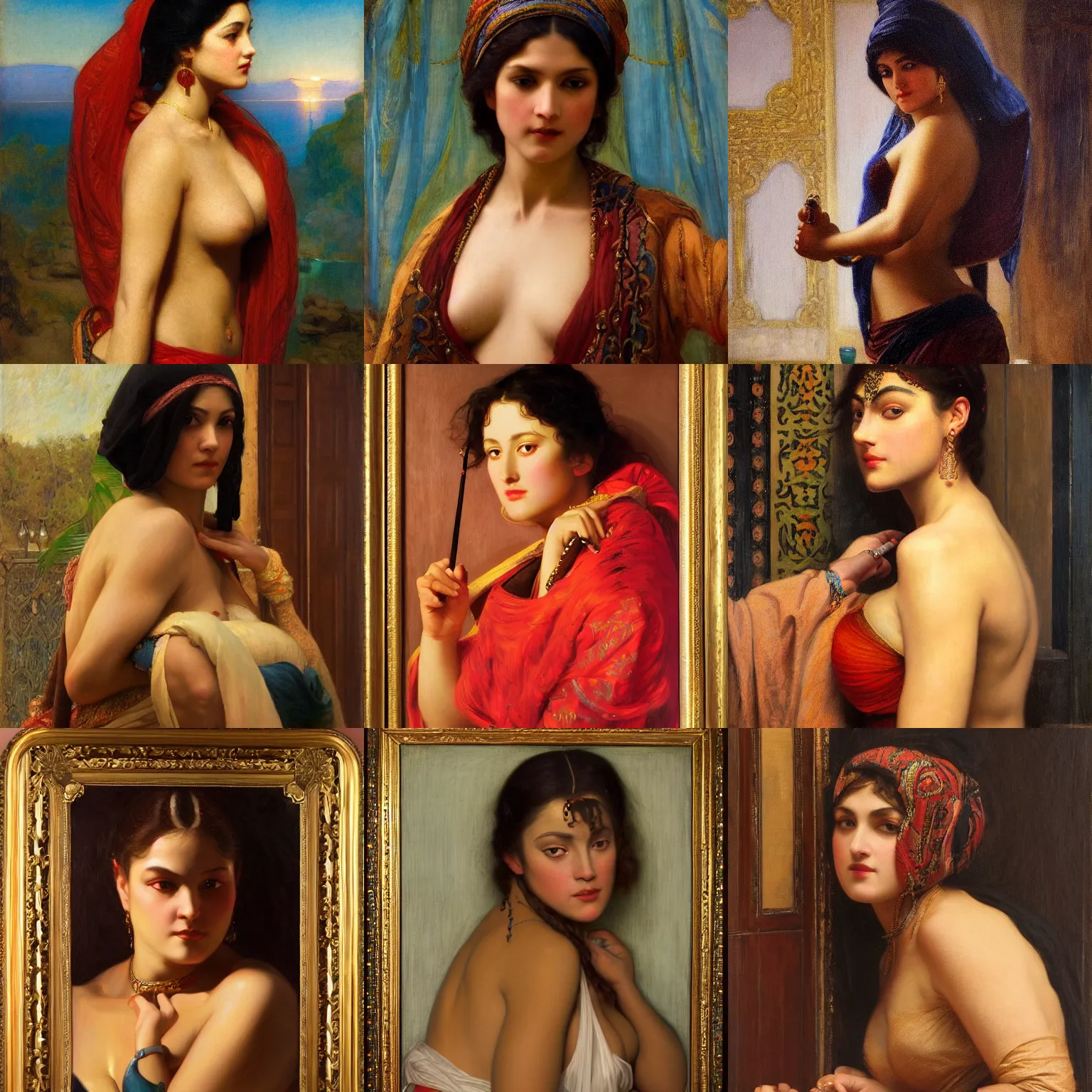 Prompt: orientalism portrait of a sultry female thief by Edwin Longsden Long and Theodore Ralli and Nasreddine Dinet and Adam Styka, masterful intricate artwork. Oil on canvas, excellent lighting, high detail 8k