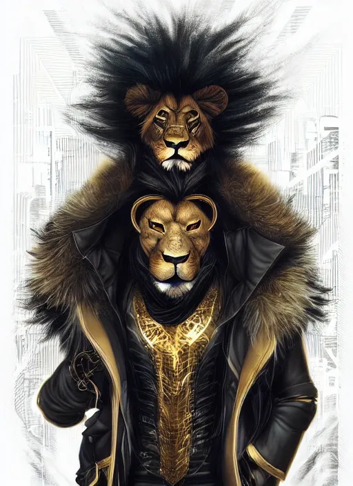 Prompt: award winning beautiful portrait commission of a male furry anthro lion fursona with a tail and a cute beautiful attractive detailed furry face wearing stylish black and gold cyberpunk clothes in a cyberpunk city at night while it rains. Character design by charlie bowater, ross tran, artgerm, and makoto shinkai, detailed, inked, western comic book art