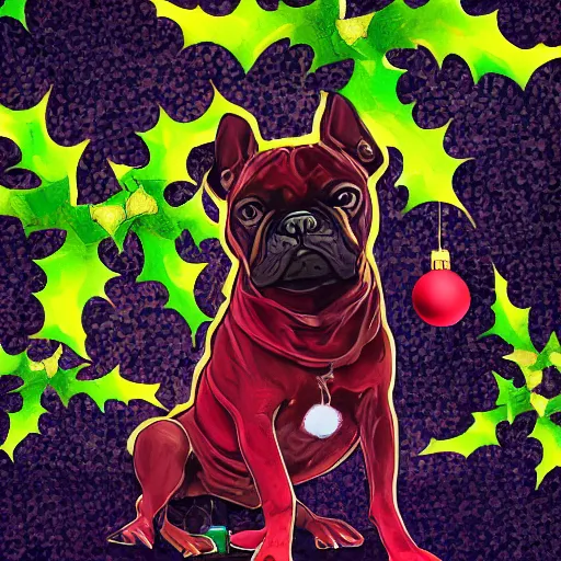 Image similar to christmas card, frug dog black infront of leg, high beauty vine, artstation, ample lighting, flower mosaic, dna, intense fantasy